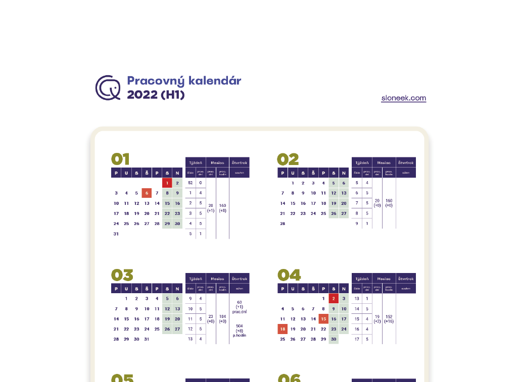 Pracovný kalendár 2022 pre SR na stahnutie